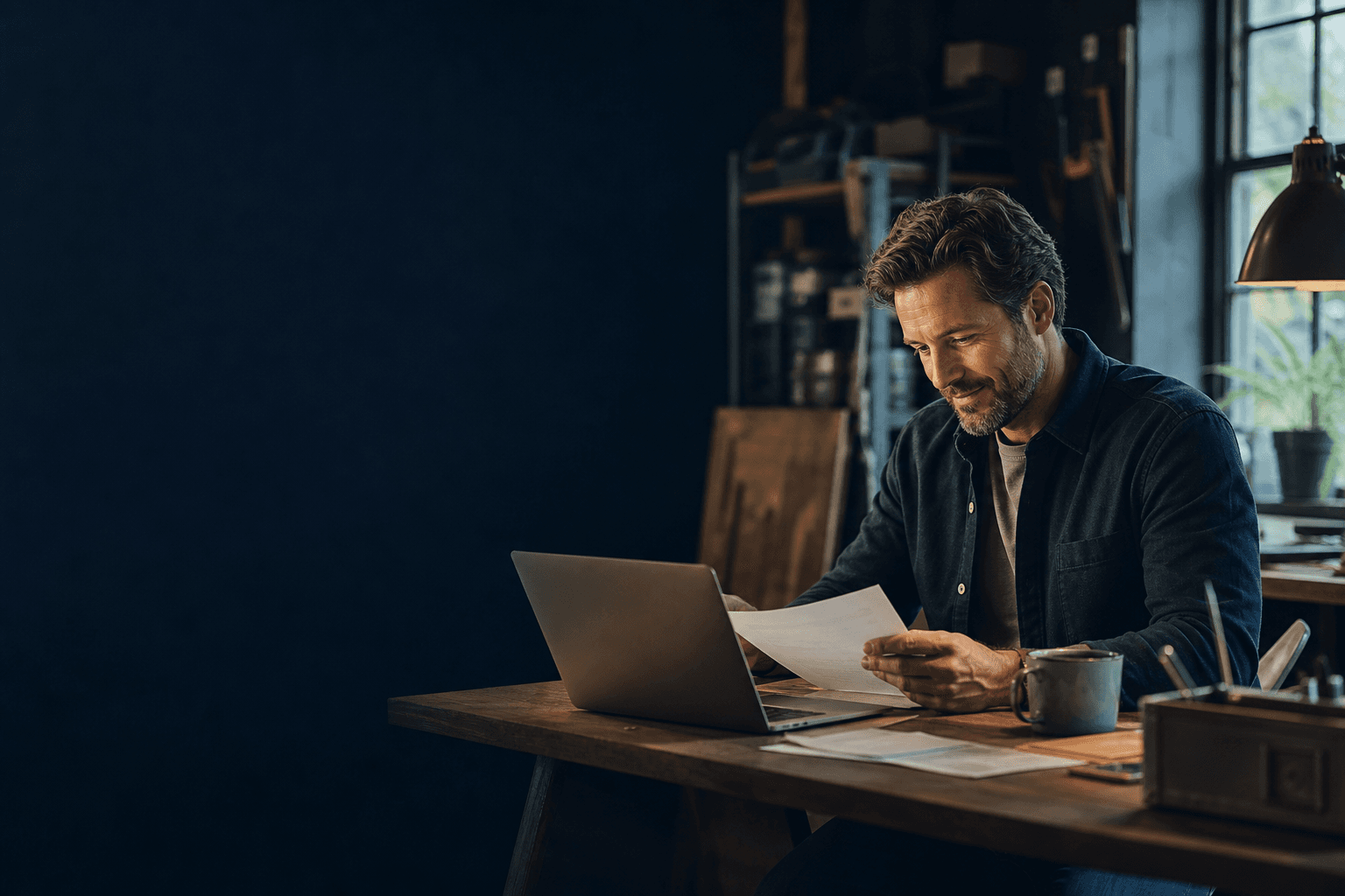A small business owner reviewing invoices at his workshop desk